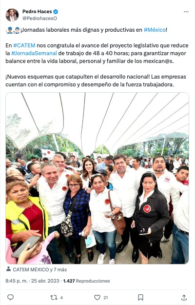 Pedro Haces se muestra a favor de jornada laboral de 40 horas