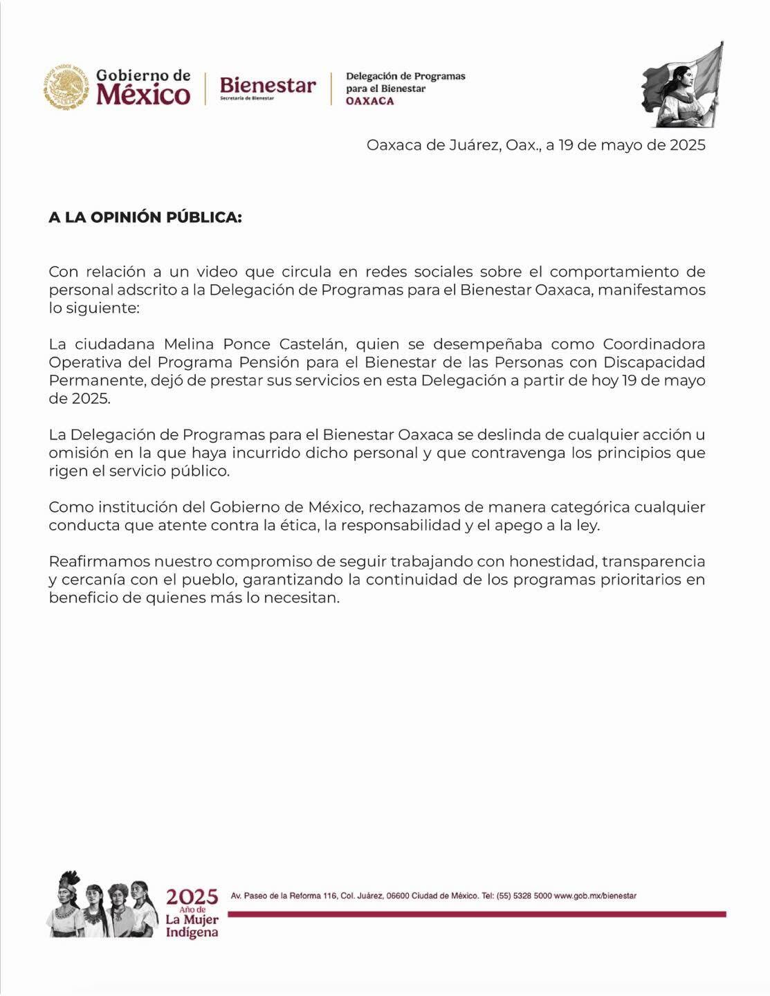Comunicado del Delegación de Programas para el Bienestar Oaxaca