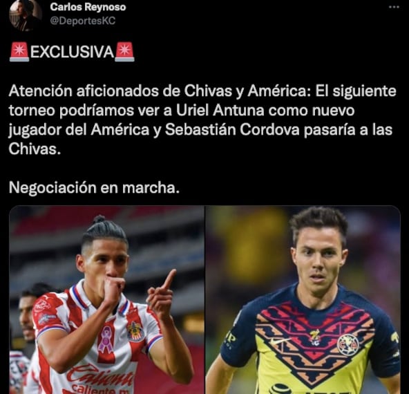 América y Chivas ya negocian el intercambio Córdova - Antuna
