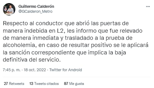 El conductor del Metro CDMX fue relevado de su cargo, asegura Guillermo Calderón