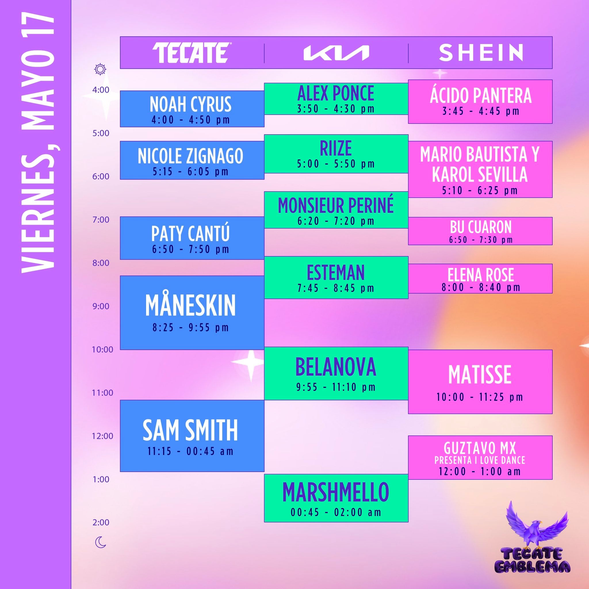 Horarios Tecate Emblema 2024 viernes 17 de mayo