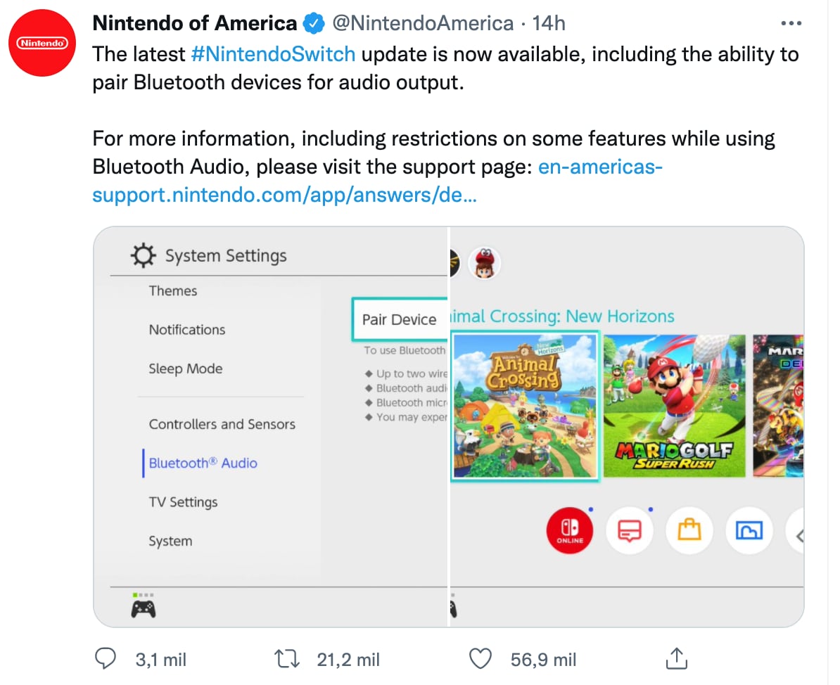 Anuncio de conexión bluetooth en la Nintendo Switch