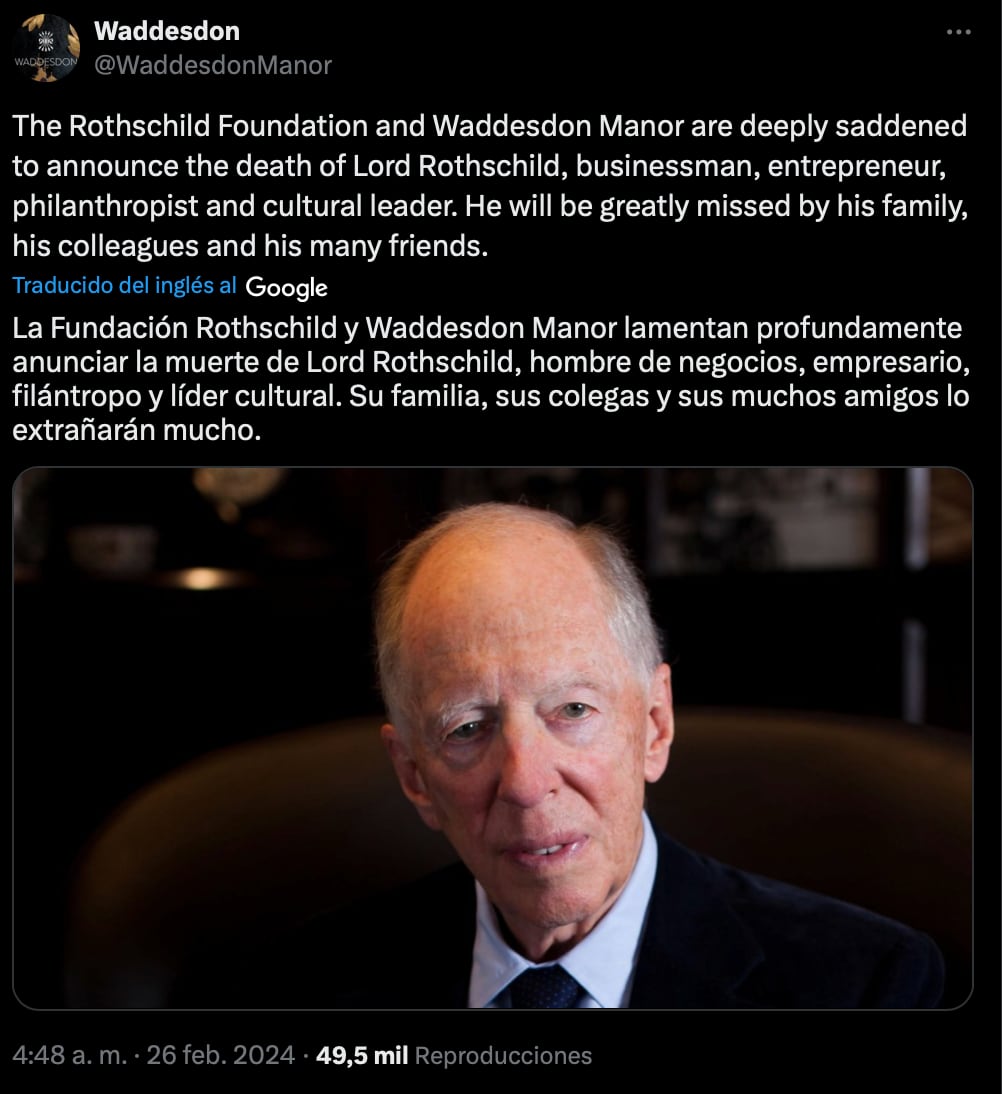 Muere Jacob Rothschild, banquero y polémico financiero, a los 87 años de edad