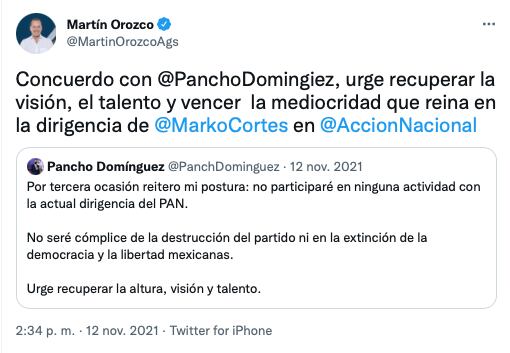 tuit de confrontación entre Martín Orozco y Marko Cortés/captura de pantalla de Twitter