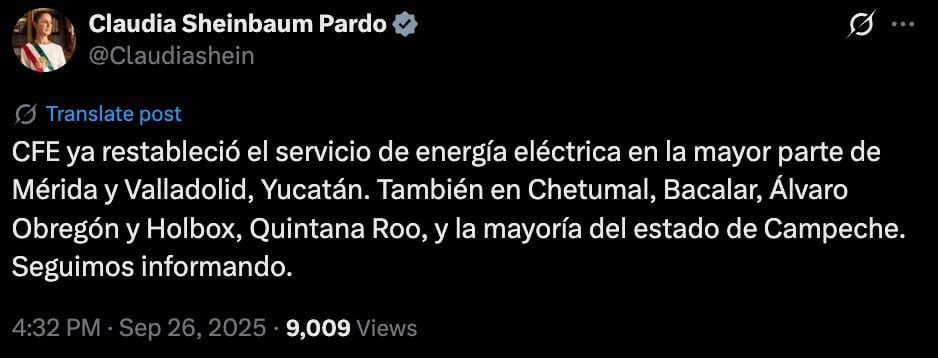 Apagón masivo en el sureste de México.