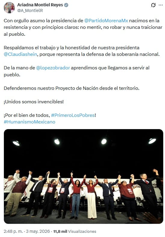 Ariadna Montiel asume “con orgullo” la presidencia de Morena