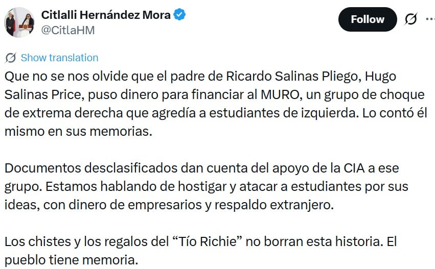 Citlalli Hernández revive el caso del MURO y acusa financiamiento del padre de Salinas Pliego