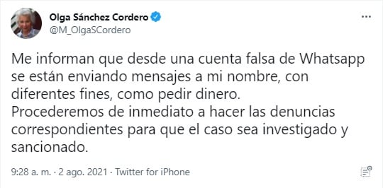 Olga Sánchez Cordero denuncia hackeo de su cuenta de WhatsApp