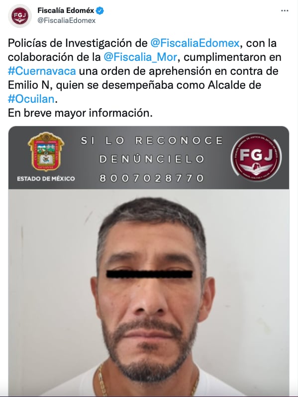 Captura de pantalla de detención de alcalde de Ocuilan EDOMÉX/@FiscaliaEdomex