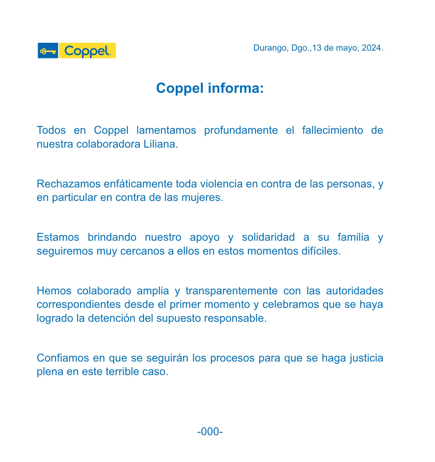 Coppel lamenta feminicidio de Liliana Montelongo