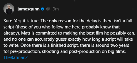 James Gunn explica retraso de Batman 2