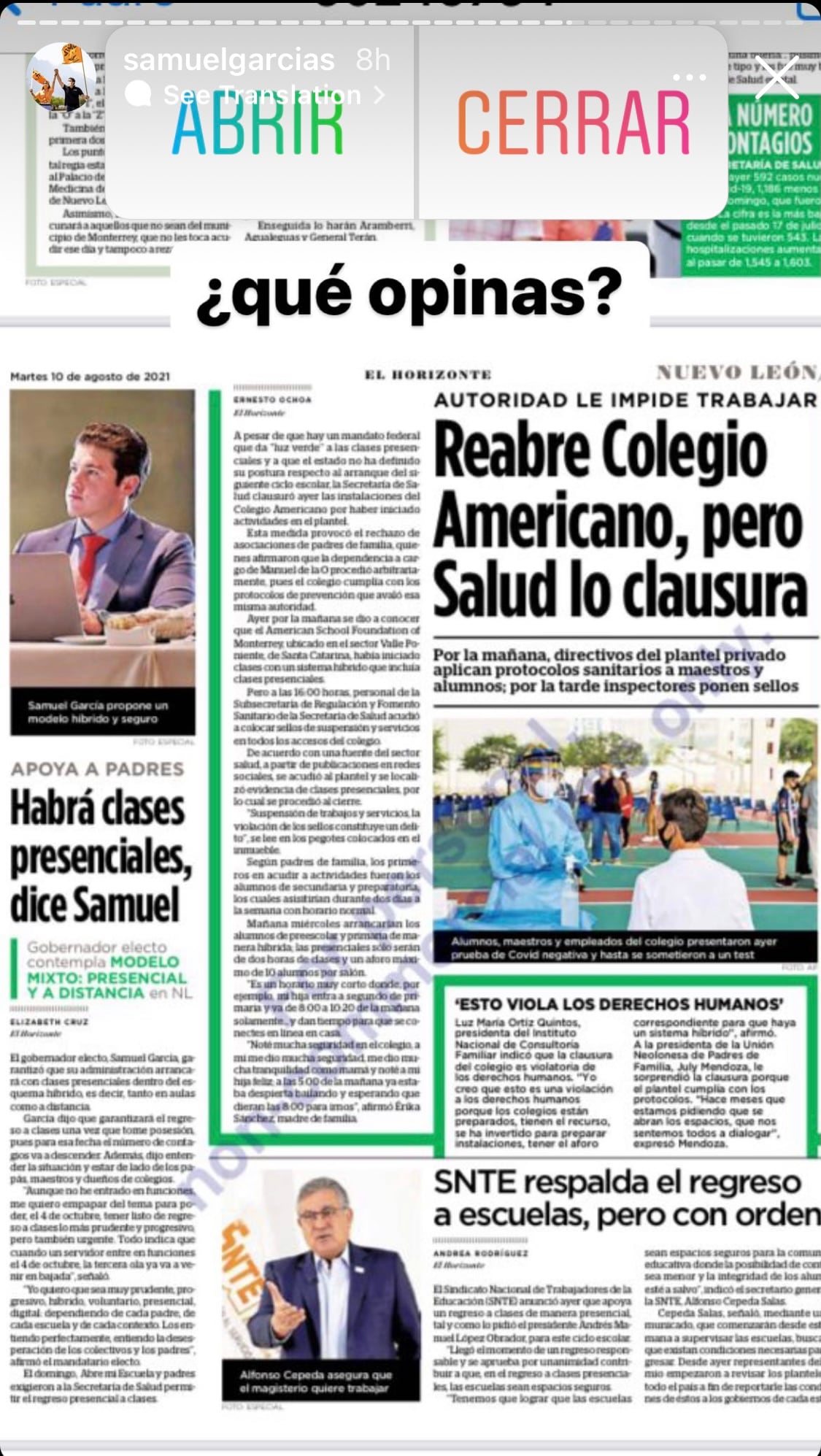 Samuel García consulta regreso a clases