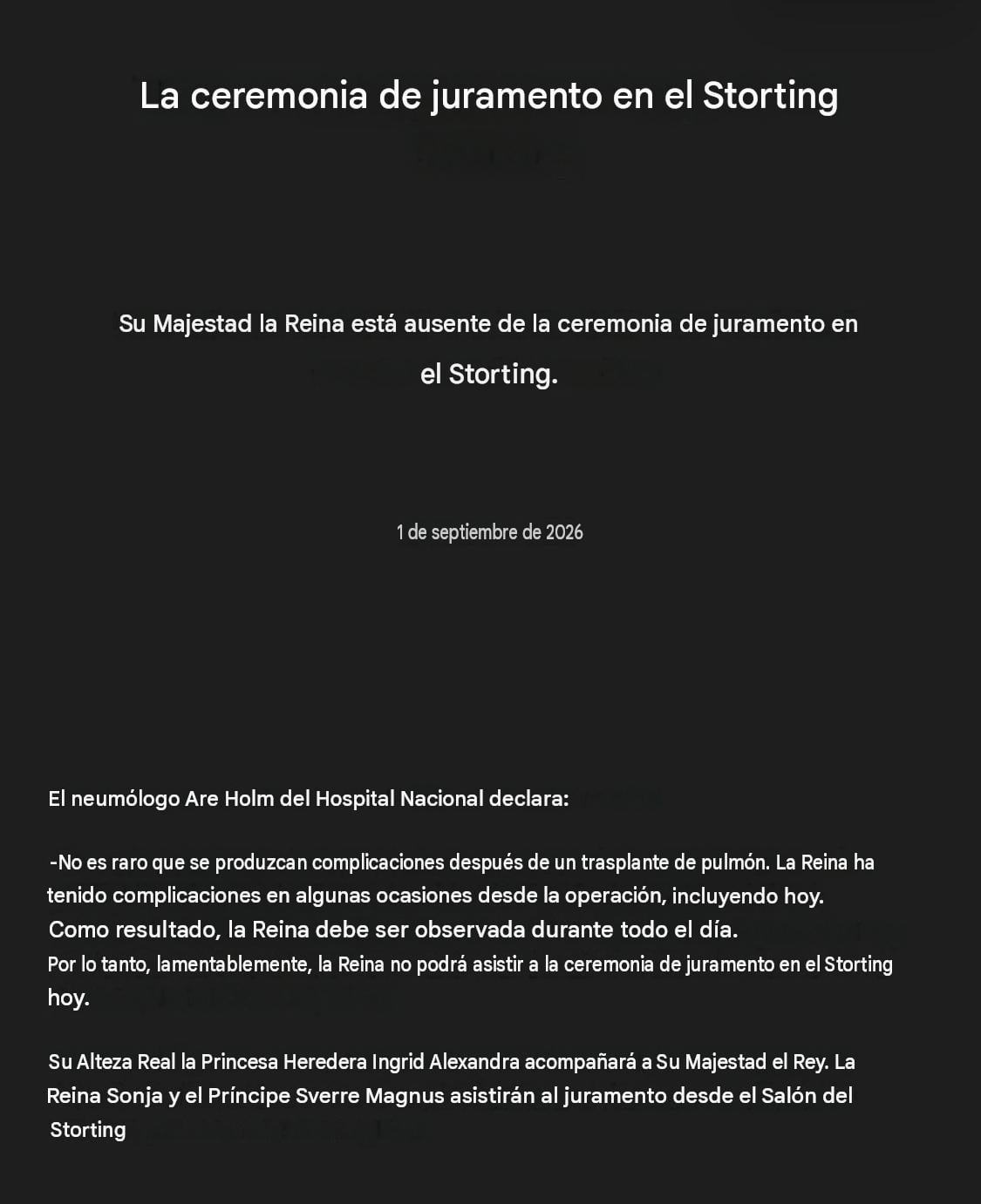 Comunicado de la Casa Real de Noruega sobre la ausencia de Mette-Marit en el juramento del rey Haakon VIII.