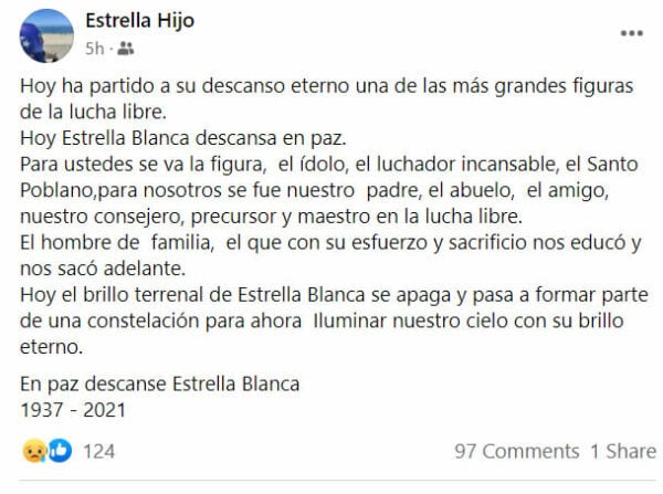 El hijo de Estrella Blanca dio a conocer la noticia de su muerte