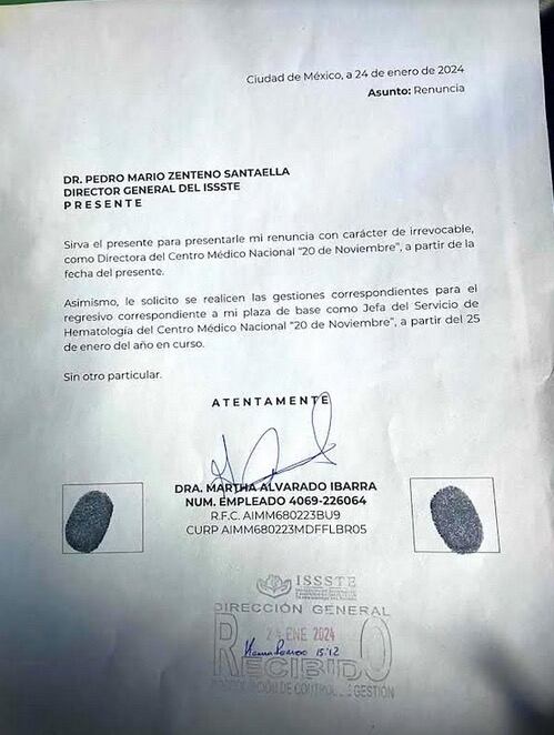 Renuncia de la directora del CMN "20 de Noviembre" del ISSSTE.