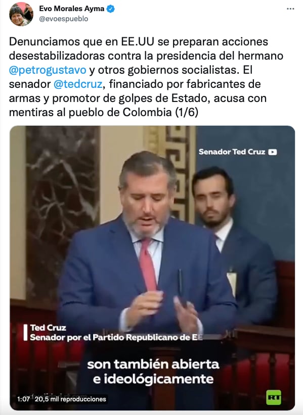Evo Morales advierte que Estados Unidos quiere desestabilizar Colombia/@evoespueblo