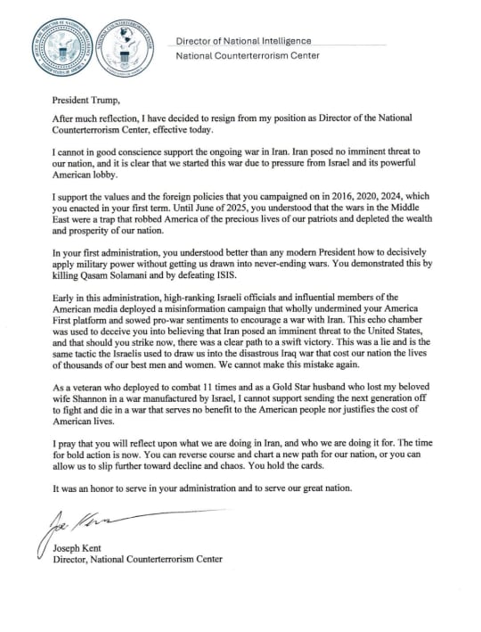 Joe Kent hace pública su renuncia