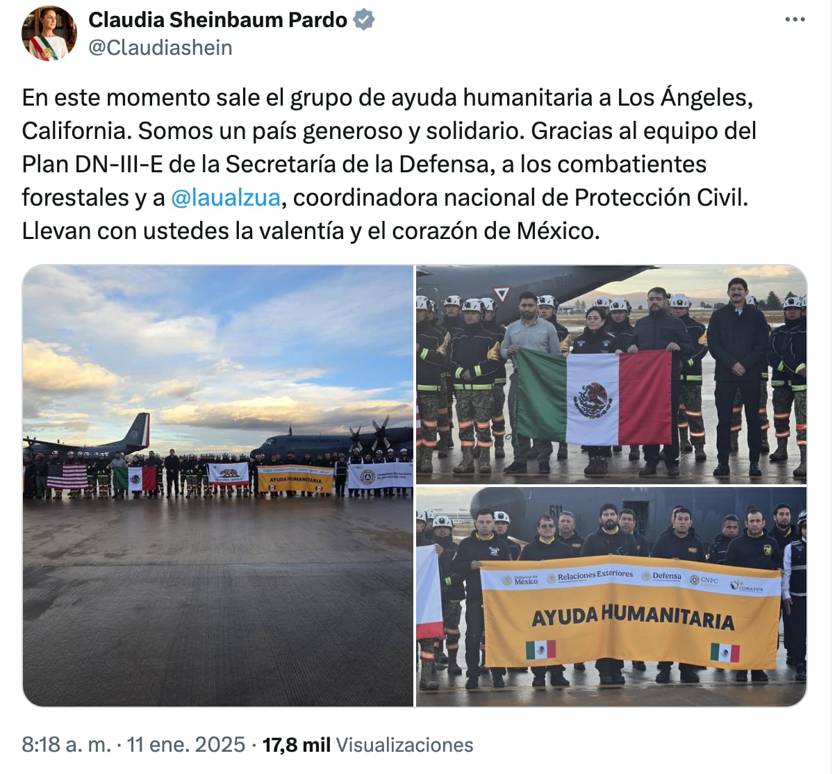 Claudia Sheinbaum presume ayuda humanitaria de México para incendios en California