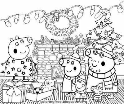 6 dibujos de Peppa Pig poniendo el árbol de Navidad para imprimir y colorear