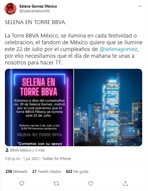 Piden que la torre de BBVA México se ilumine en honor a Selena Gómez