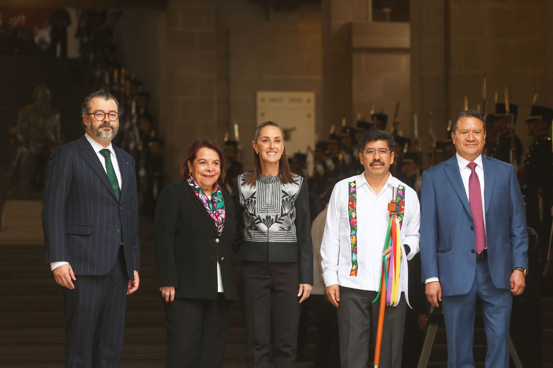 Gilberto Batiz García, presidente del Tribunal Electoral del Poder Judicial de la Federación; Celia Maya García, consejero presidenta del de la administración, vigilancia y disciplina del Poder Judicial de la Federación; Claudia Sheinbaum Pardo, Presidenta de México; Hugo Aguilar Ortiz, ministro presidente de la Suprema Corte de Justicia de la Nación, y Néstor Vargas Solano, Presidente del Organo de Administración Judicial