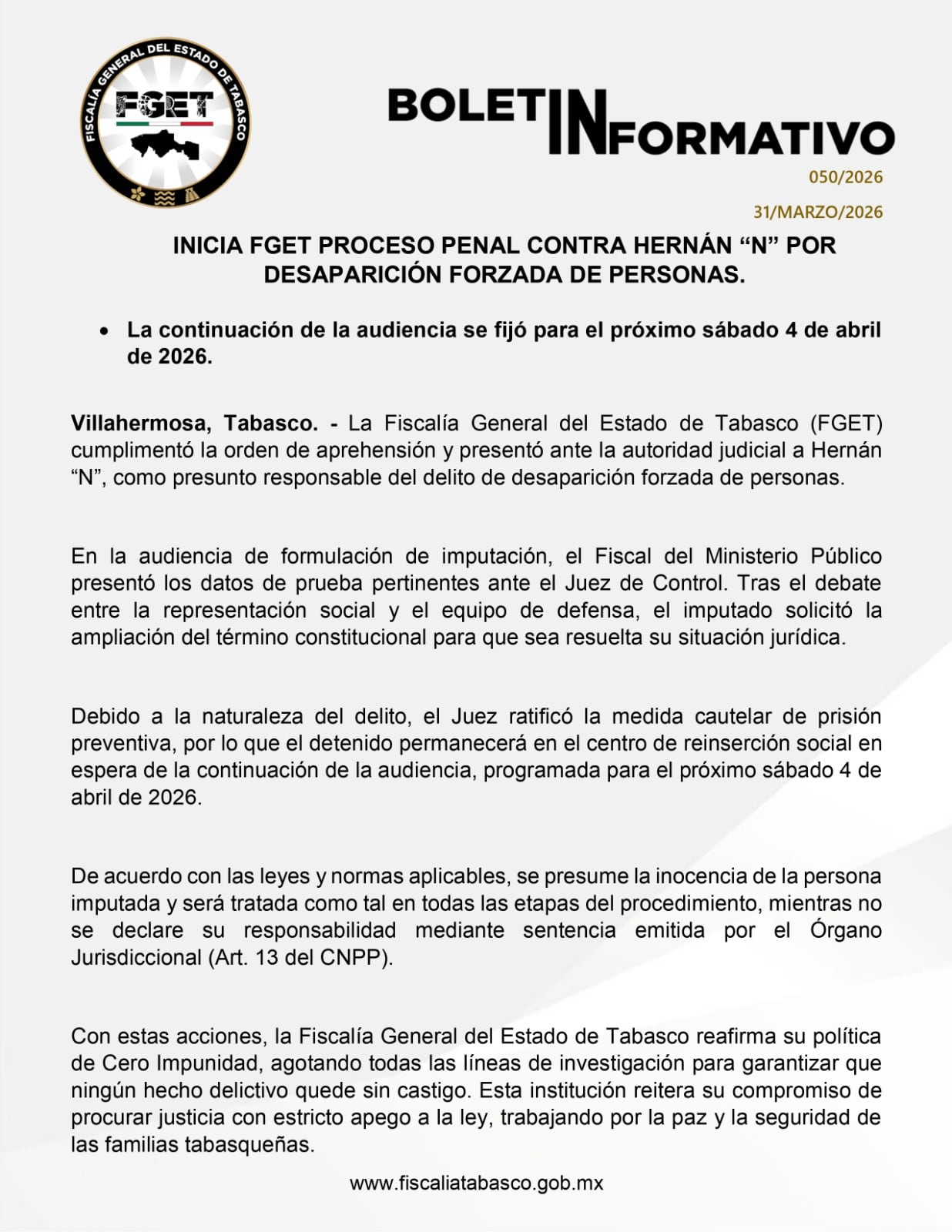 Fiscalía de Tabasco procesa a Hernán Bermúdez por desaparición forzada
