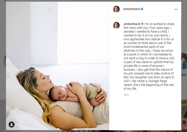 Post en Instagram; Amber Heard se convierte en mamá.