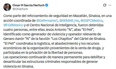 Omar García Harfuch informa la detención de El Peli de Los Chapitos.