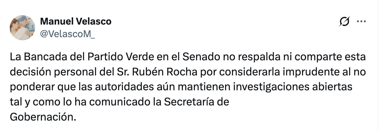 Partido Verde en el Senado tacha de “imprudente” regreso de Rocha Moya
