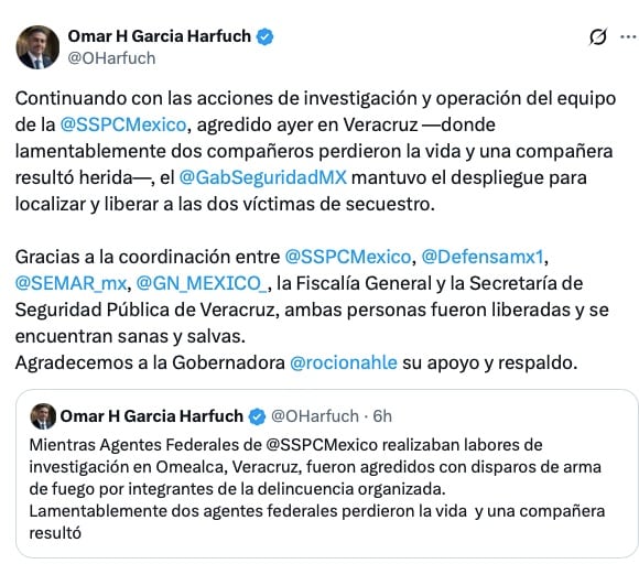 Harfuch reporta liberación de dos secuestrados tras ataque donde murieron dos agentes