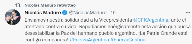 Nicolás Maduro se pronuncia por atentado contra Cristina Fernández de Kirchner