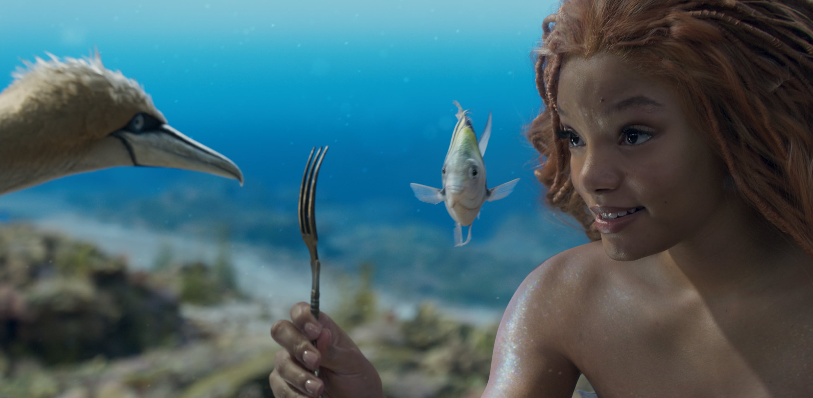 Scuttle(Awkwafina), Flounder (Jacob Tremblay) y Halle Bailey como Ariel en el live-action de La Sirenita
