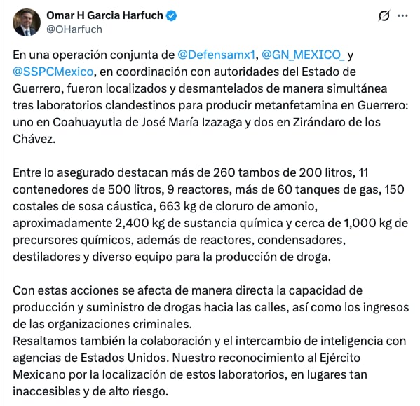 Omar García Harfuch informa desmantelamiento de 3 laboratorios de metanfetamina