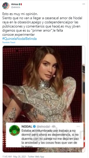 Tweet sobre Belinda y Christian Nodal.