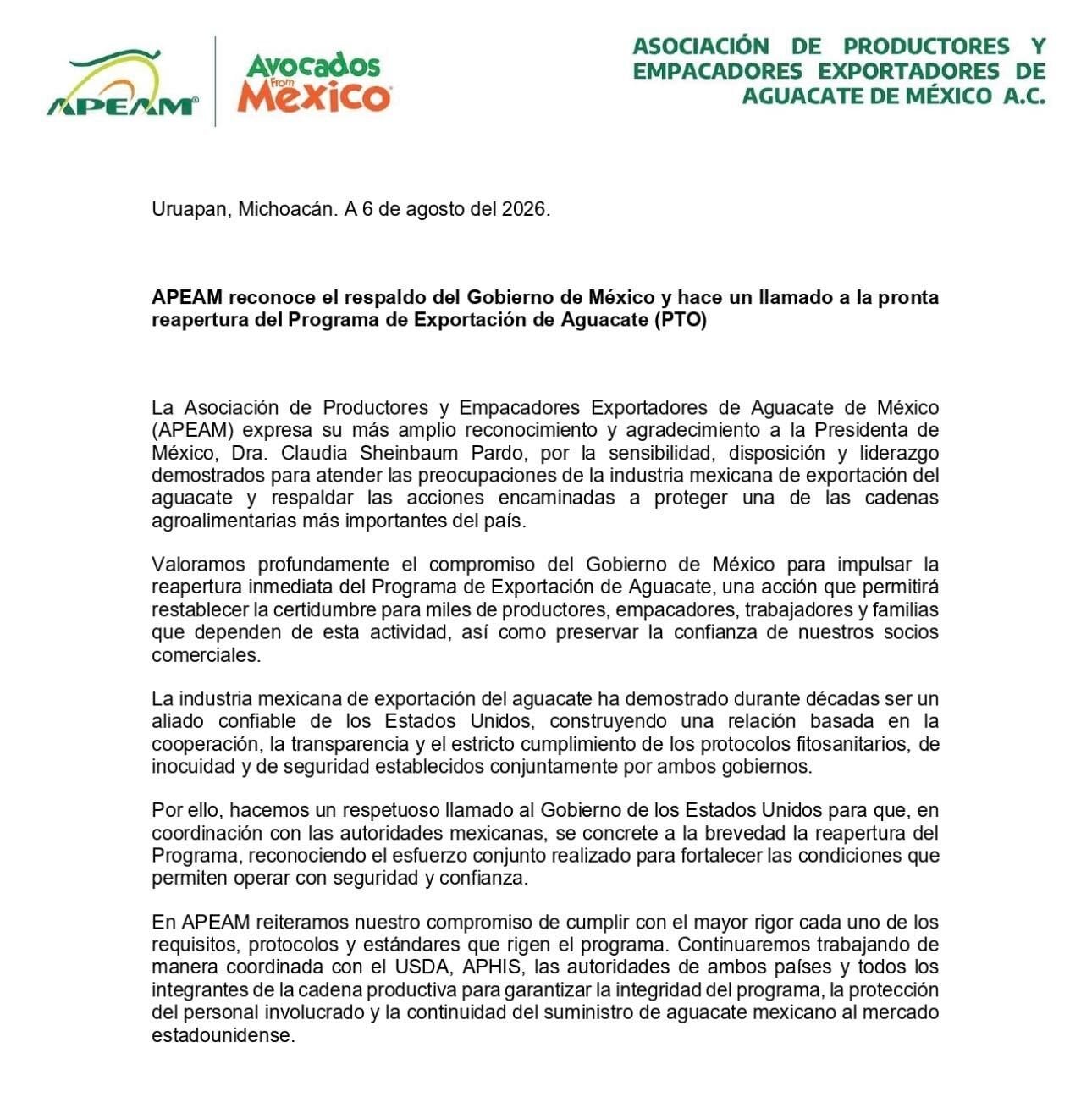 Comunicado de productores de aguacate michoacano, piden reabrir la exportación a Estados Unidos