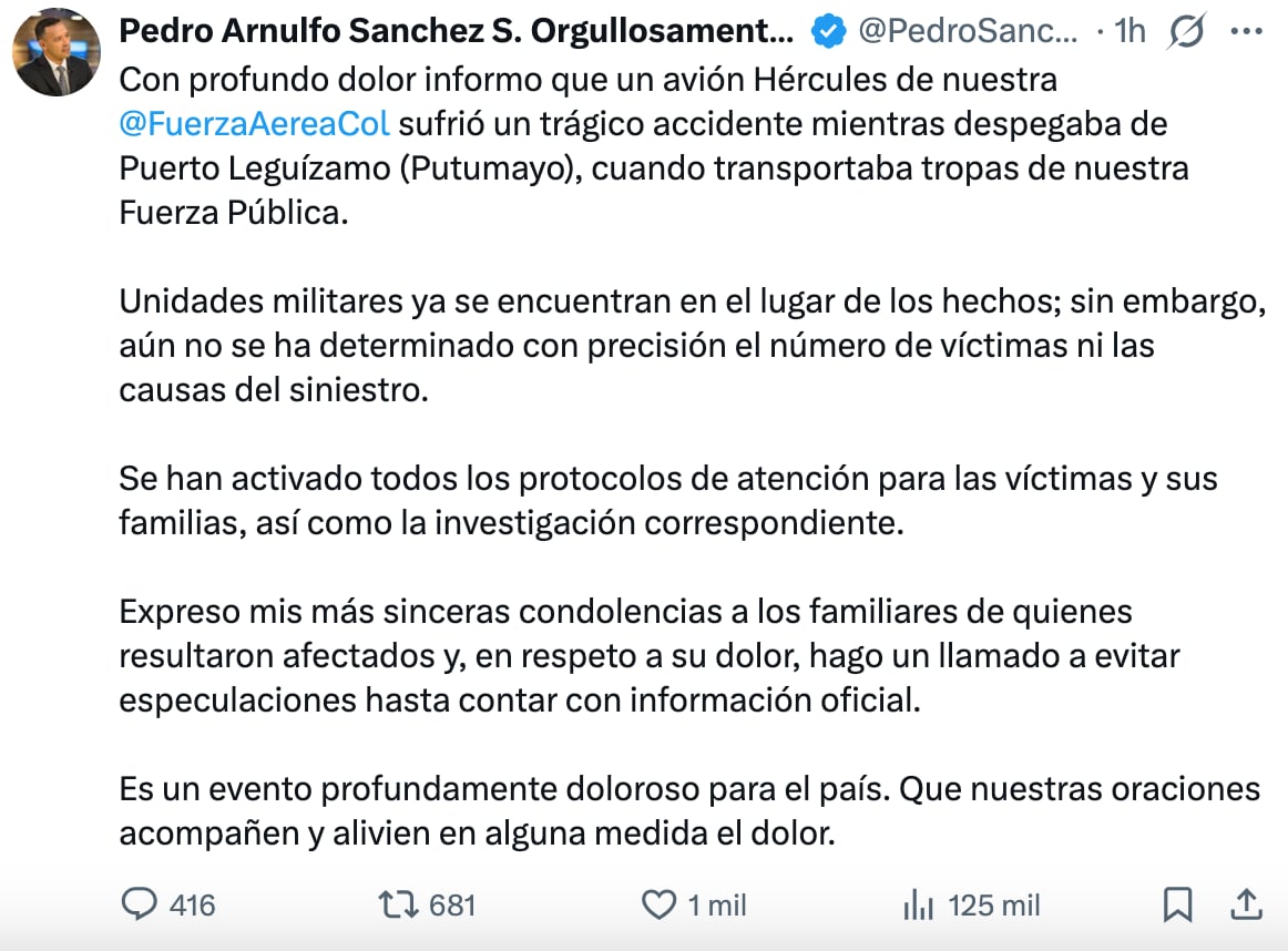 Ministro de Defensa Pedro Sánchez, confirma el accidente del avión militar de Colombia