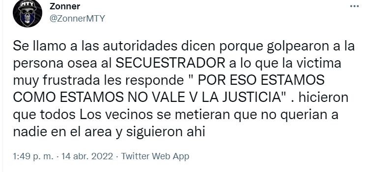 En redes sociales denuncian el intento de secuestro de una mujer en Nuevo León/Twitter