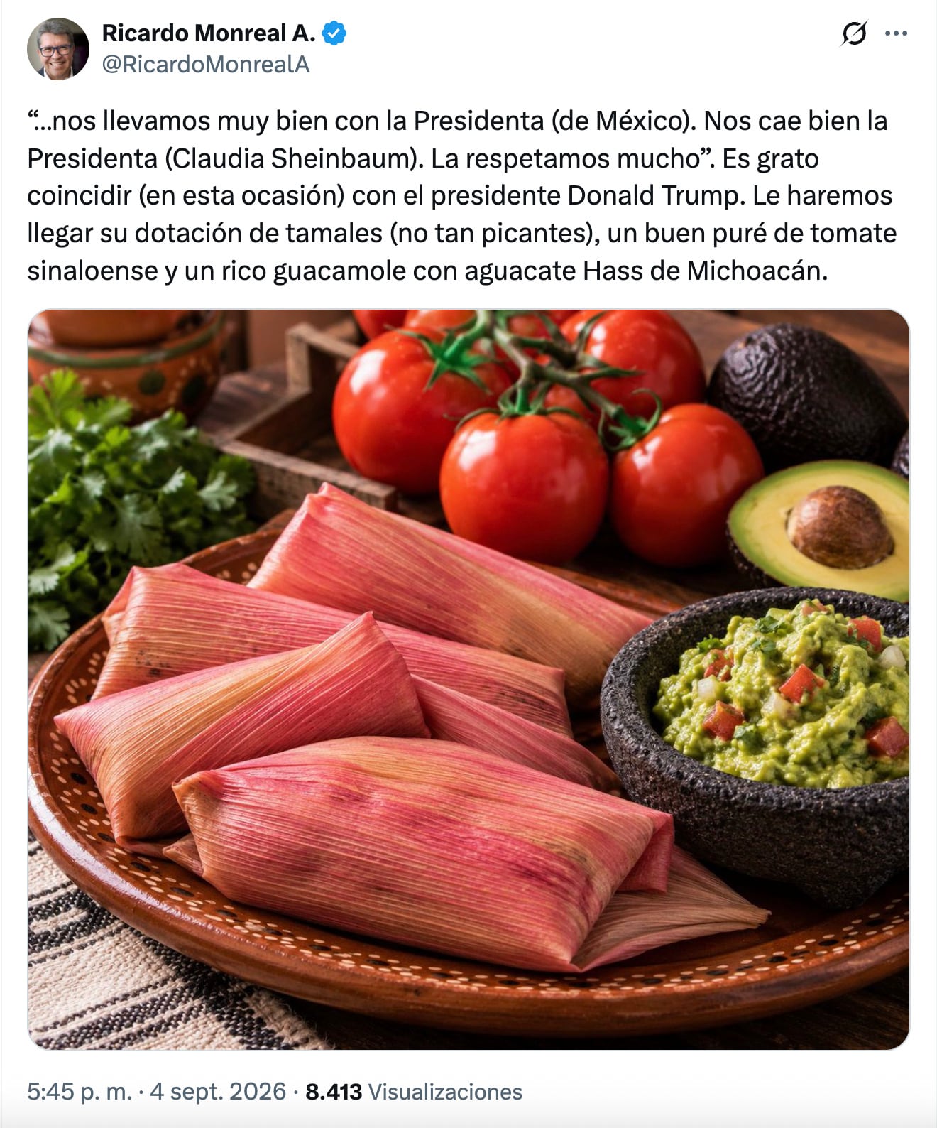 Ricardo Monreal responde a Donald Trump tras comentario de "tamales y tomates"