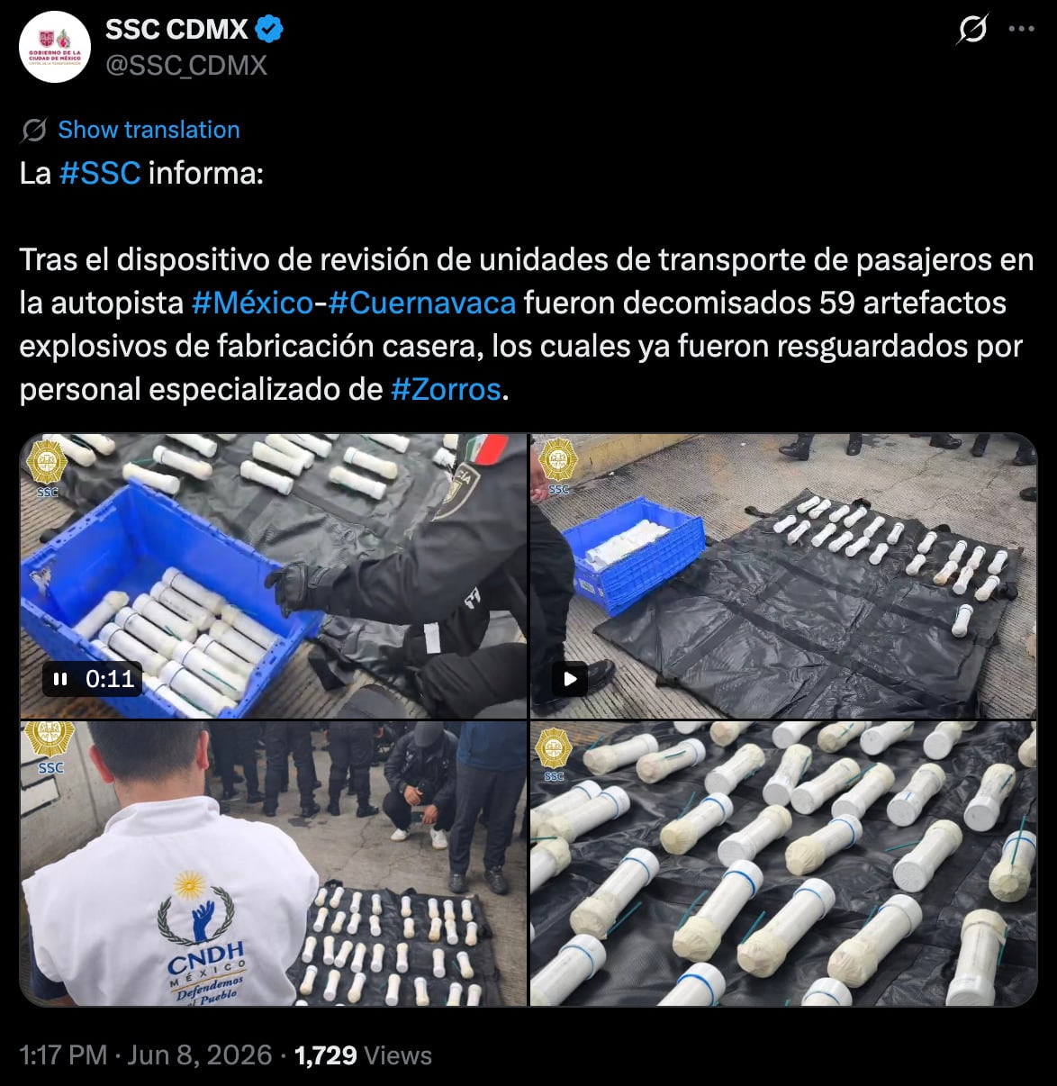 SSC decomisa 59 explosivos en autobuses que iban a protesta de la CNTE