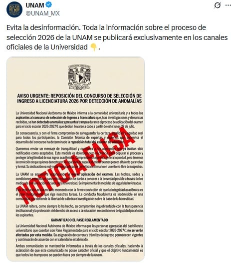UNAM aclara información falsa sobre el proceso de admisión que entró a revisión.