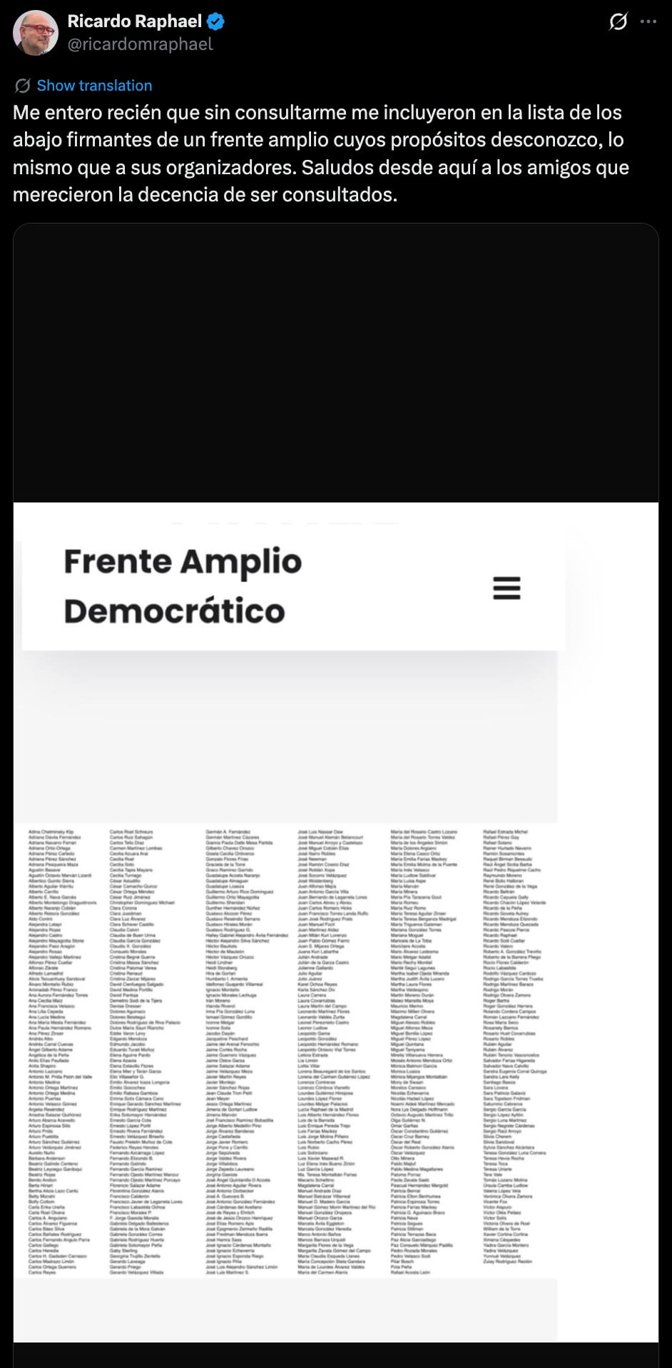 Ricardo Raphael se deslinda del Frente Amplio Democrático y rechaza su adhesión