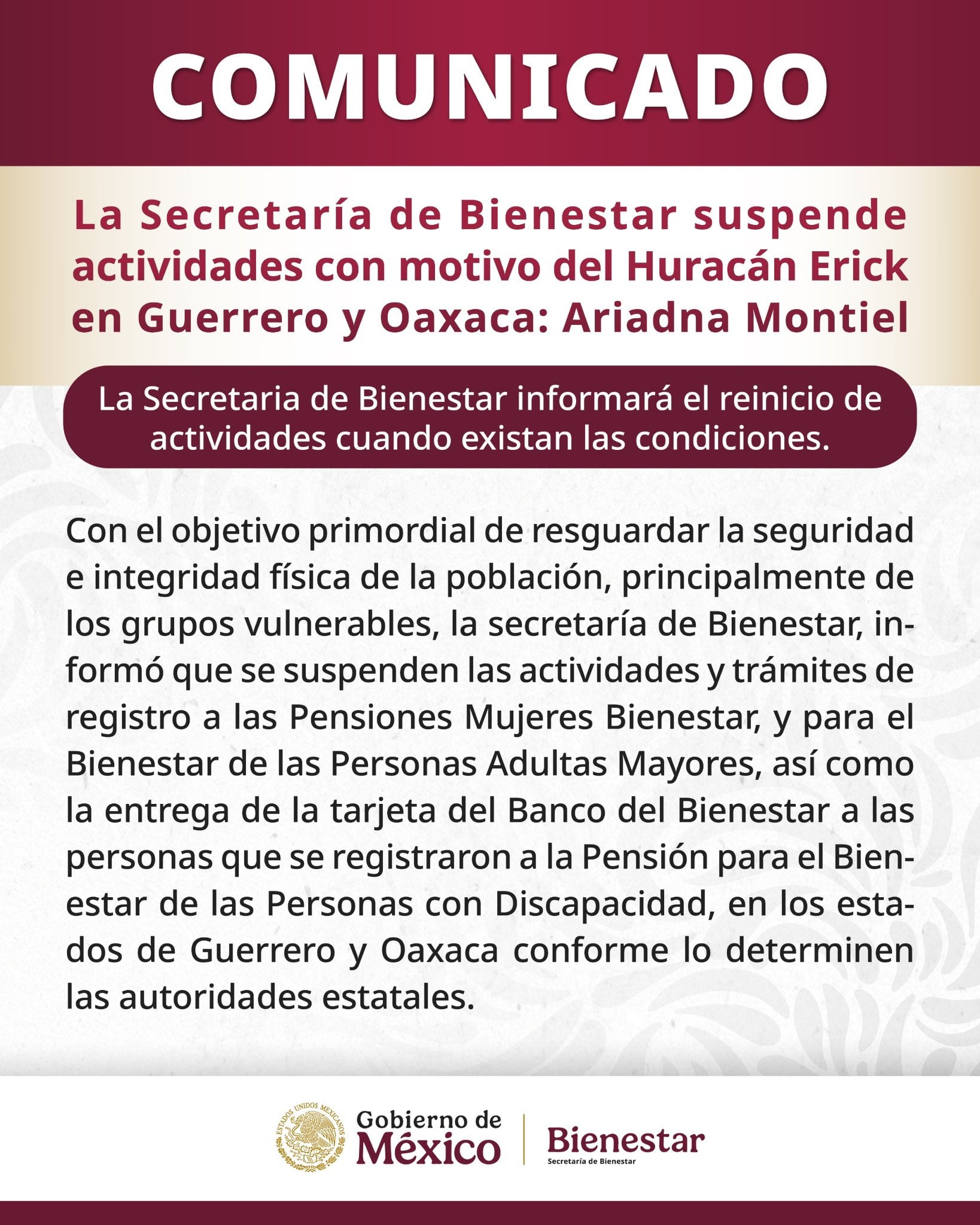 Pensión Bienestar, afectada por huracán Erick