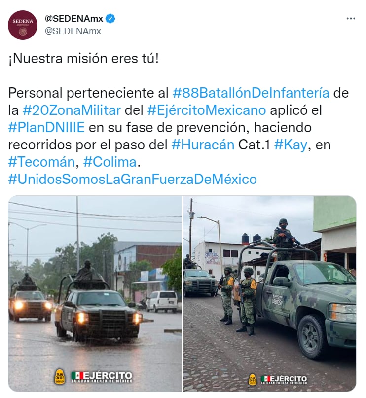 Sedena aplica plan DN-III-E en Colima por huracán Kay