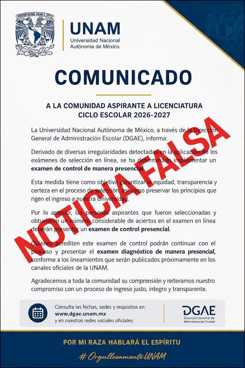 Comunicado falso de la UNAM