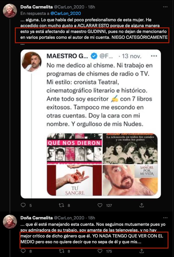 Doña Carmelita aclara que no es Alfredo Gudinni.