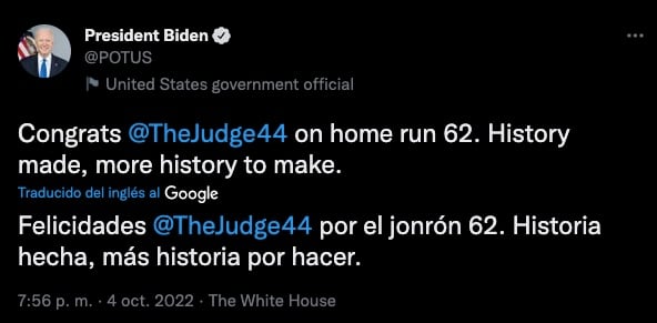 Joe Biden felicitó a Aaron Judge