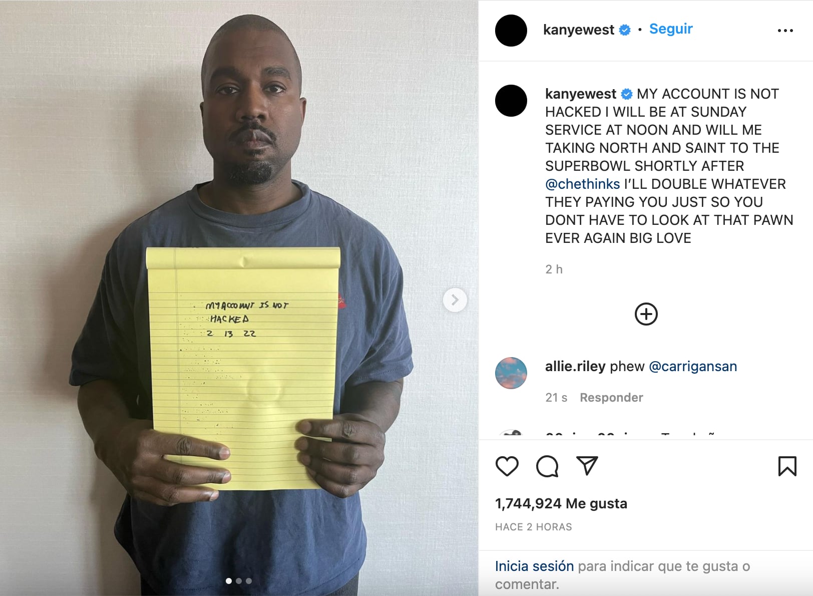 Kanye West dice que su cuenta no está hackeada