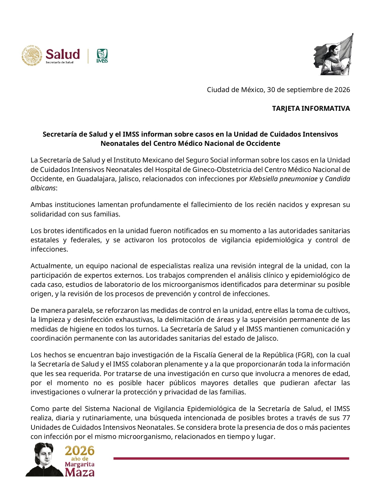 Comunicado de la Secretaría de Salud y el IMSS donde se confirman muertes de bebés en Jalisco por bacterias