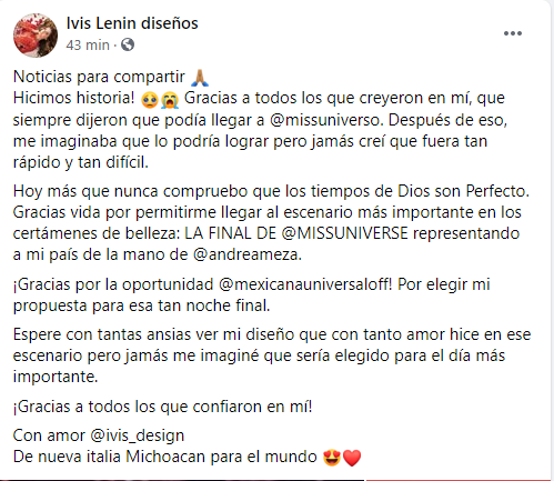 Post de Ivis Lenin sobre vestido de Andrea Meza.