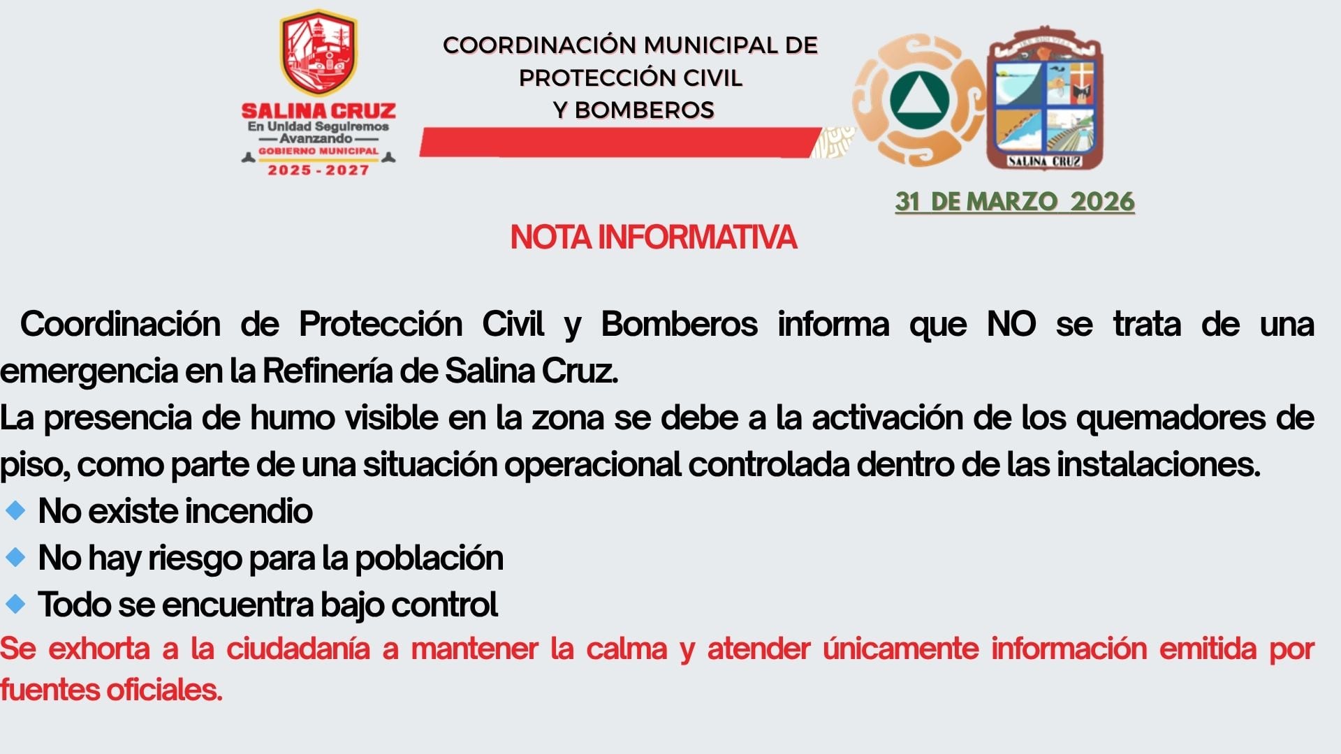 Protección Civil descartó incendio en refinería de Pemex en Salina Cruz; aseguran fue una situación operacional